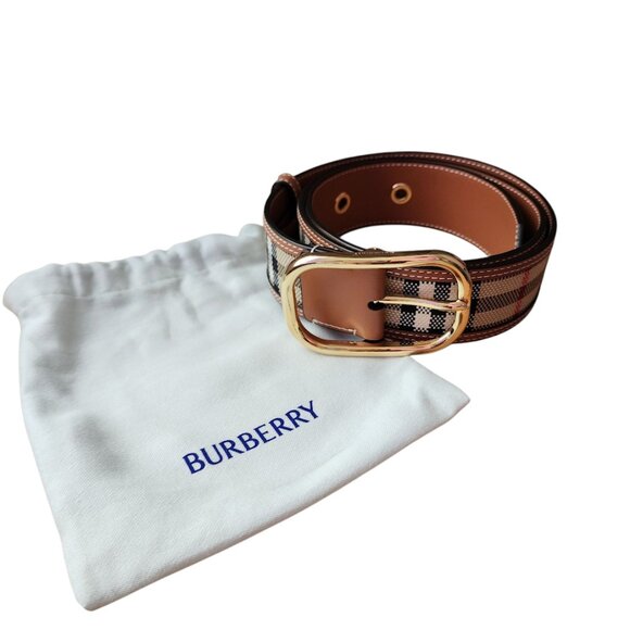 BURBERRY Vintage check and leather belt gold tone hard wear size M - Picture 1 of 12
